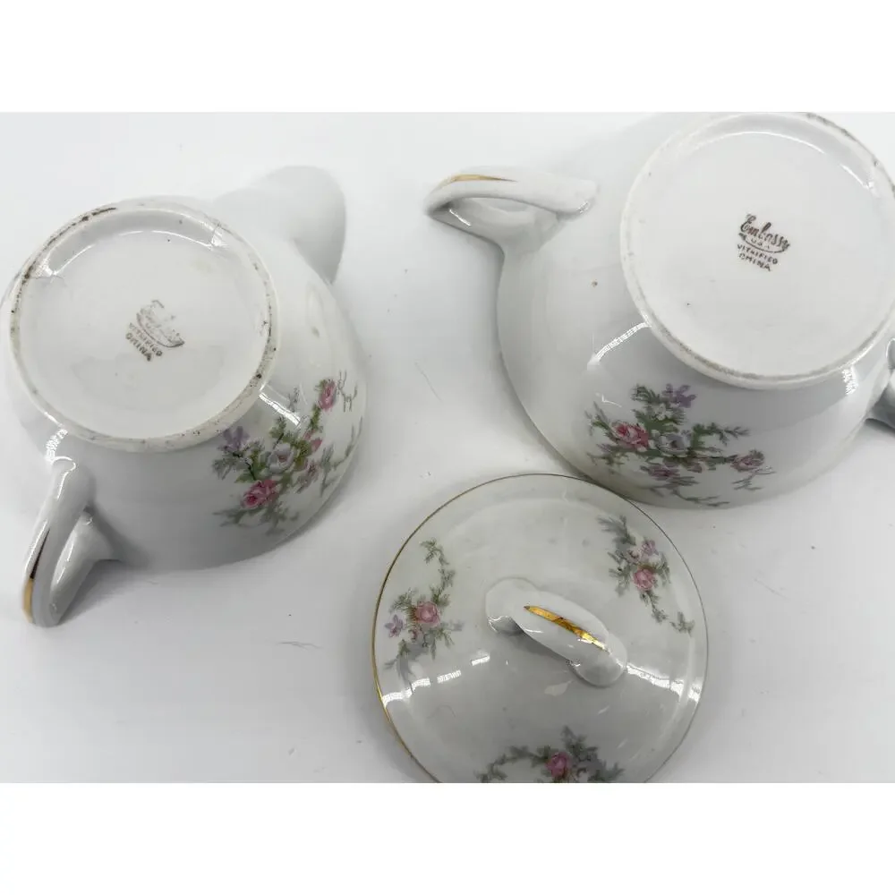 Vintage Floral Creamer Sugar Bowl Gold Trim Embassy USA Cottagecore China MCM